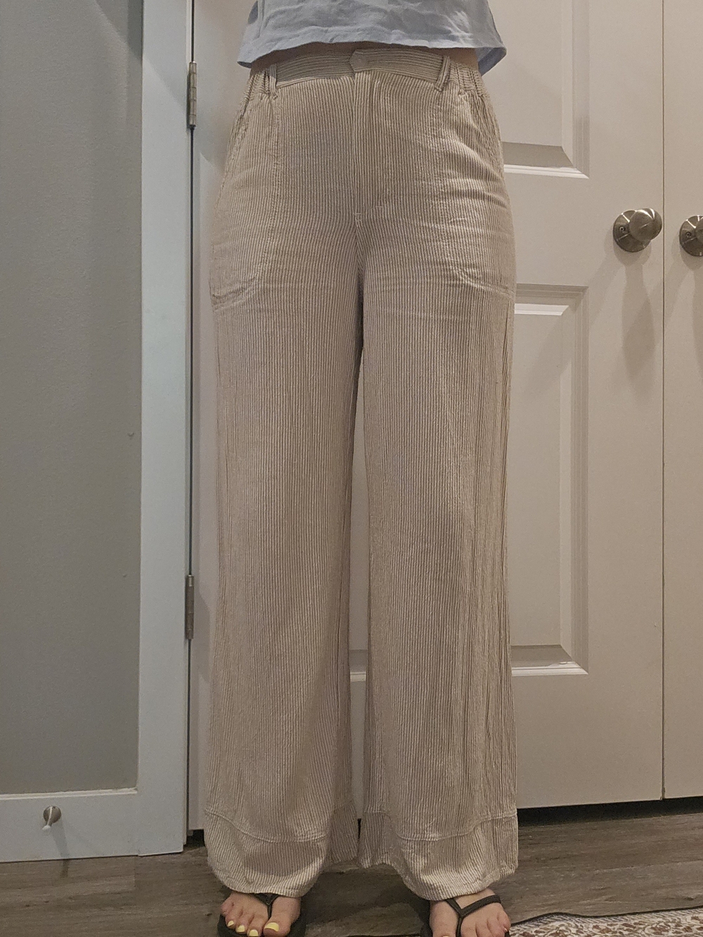 Tan & White Pinstripe Wide-Leg Linen Blend Pants